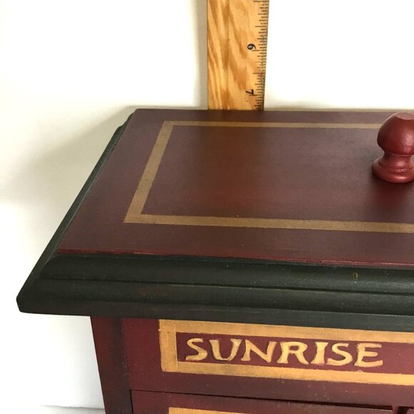 VTG Sunrise Coffee Storage Cabinet Hand-Painted Dual Doors Lid Wood Rustic Red - Picture 7 of 10